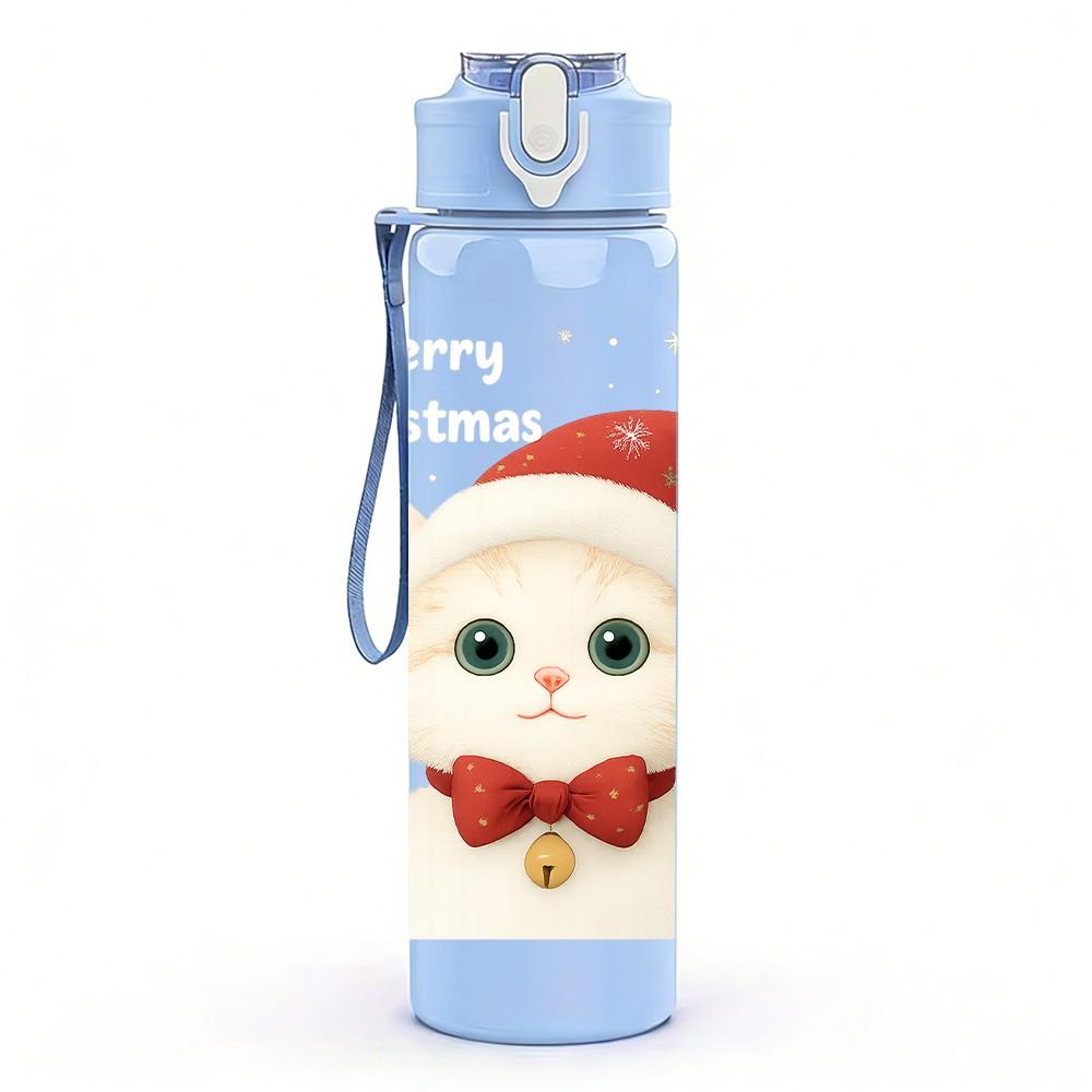 1PC Santa Cat Christmas Hat Pattern 750ml Color Plastic Sports Water Bottle Leakproof Flip Straw Lid Suitable for Sports Office Home Use