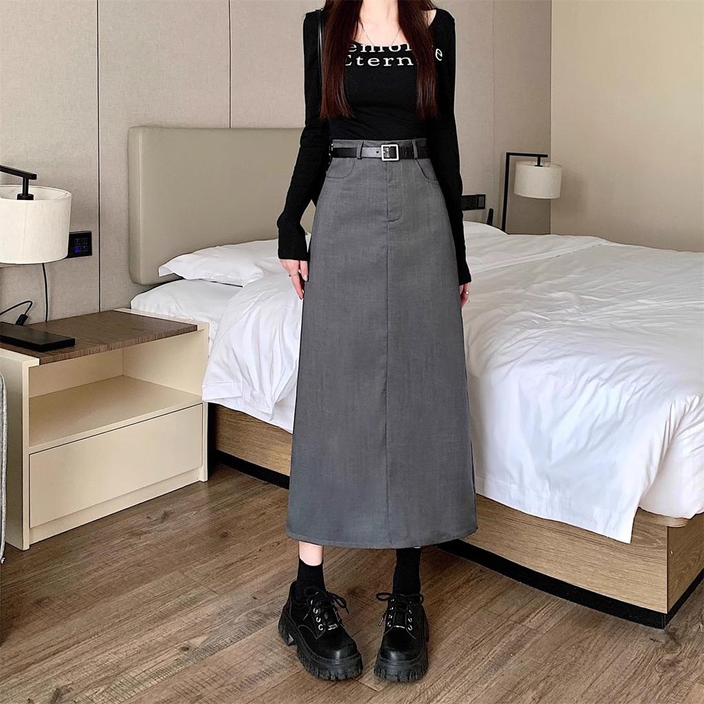 Plus Size Preppy Grey Pencil Skirt for Women Hip Covering Slimming High Waisted A Line Casual All Match Versatile Midi Straight Skirt