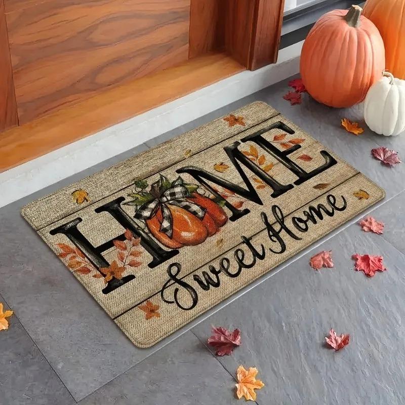 VIKAMA Fall Pumpkin Doormat Home Sweet Home Maple Leaf Print Non Slip Front Entrance Mat Autumn Home Decor Rug
