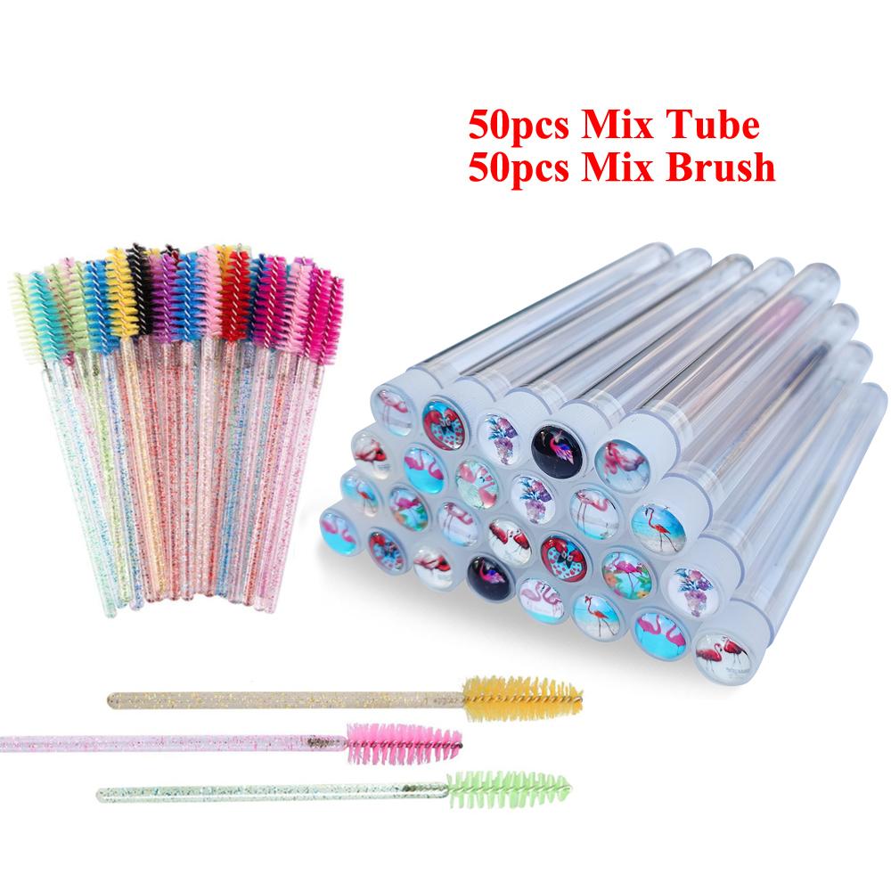 50pcs Flamingo Pattern Eyebrow Brush Tube Disposable Mascara Wands Applicator Tube with Resin Drill for Eyelash Extension
