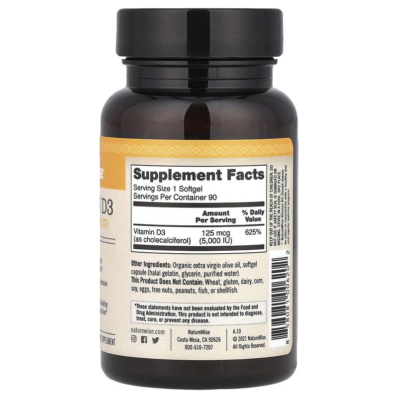 Vitamin D3, 125 Mcg (5,000 IU), 90 Softgels