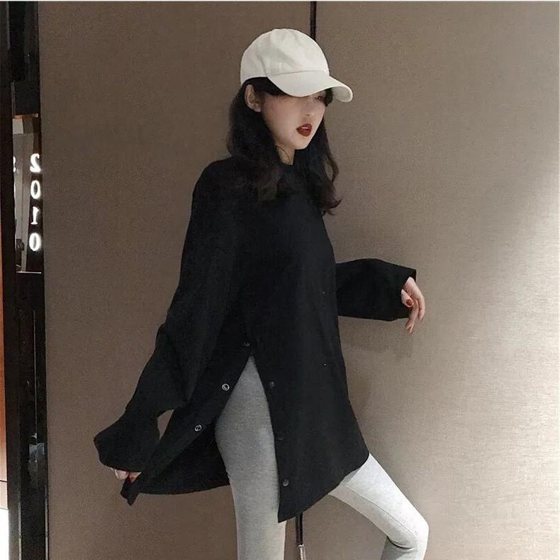 Wiosenny rozcięcie z boku guziki biały czarny długi T-shirt z okrągłym dekoltem damskie koszule jesień przybycie Harajuku jednolity oversize T-shirt topy