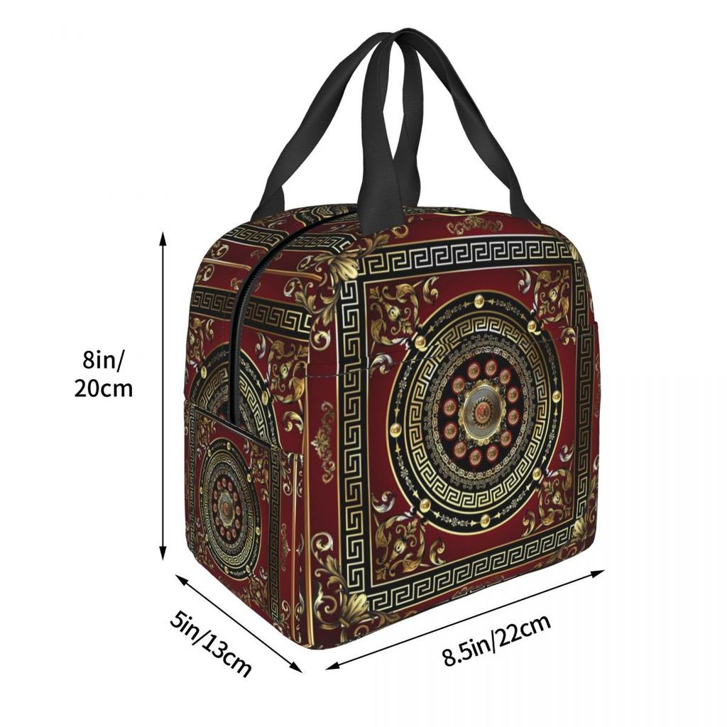 Greek Key Meander Red Gold Black Medallion Baroque Insulated Lunch Bag for Women Kids Portable Food Boxes Thermal Lunch Box Tote