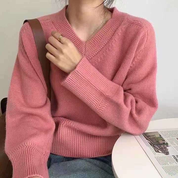 

Женский свитер с V-образным вырезом однотонный для осени и зимы корейский винтажный вязаный свитер свободный и повседневный пуловер XL розовый