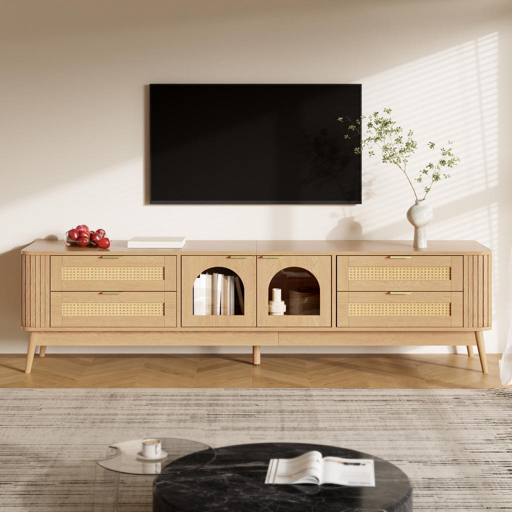 TV Cabinet, Tempered Safety Glass Doors, App-Controllable LED Lighting, Living Room Storage Cabinet, Chipboard, Solid Wood Legs, Four Drawers