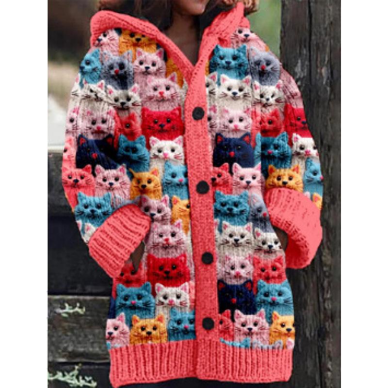 Damen Strickjacke mit Kapuze 3D Tierdruck Einreiher Langarm Mantel mit Taschen