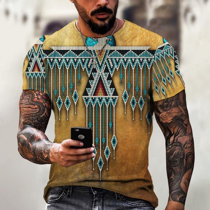 Men's Shirt Casual Harajuku T-shirt Animal Summer Retro Indian Print Men's Street Crew Neck Short Sleeve Design Large