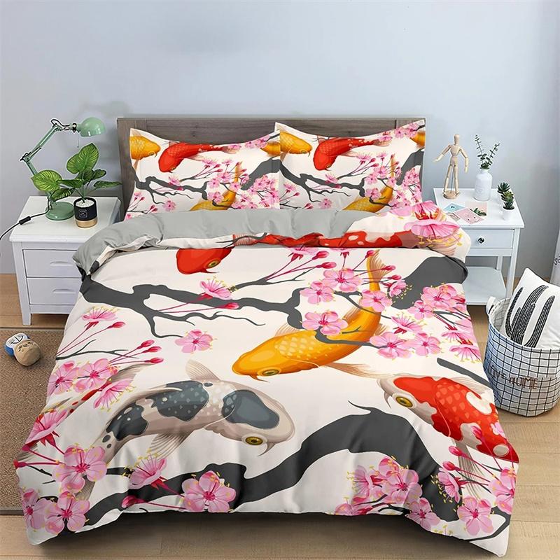 Goldfish Duvet Cover King/Queen Size Golden Red 3D Animal Bedding Set for Kid Teen Adult,Fish Themed Quilt Cover with Pillowcase