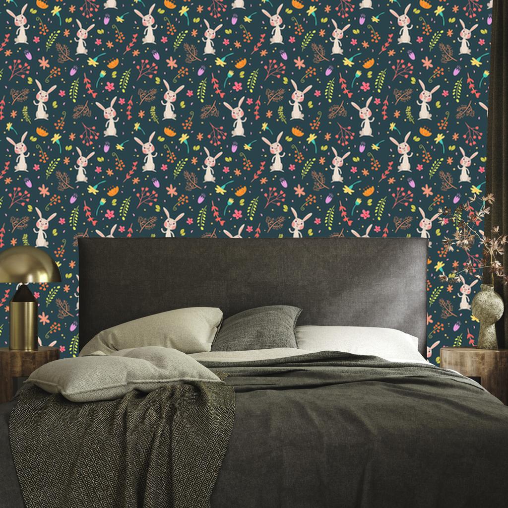 Wallpaper Bunnies Among Forest Plants for Living Room and Bedroom 50x1000
