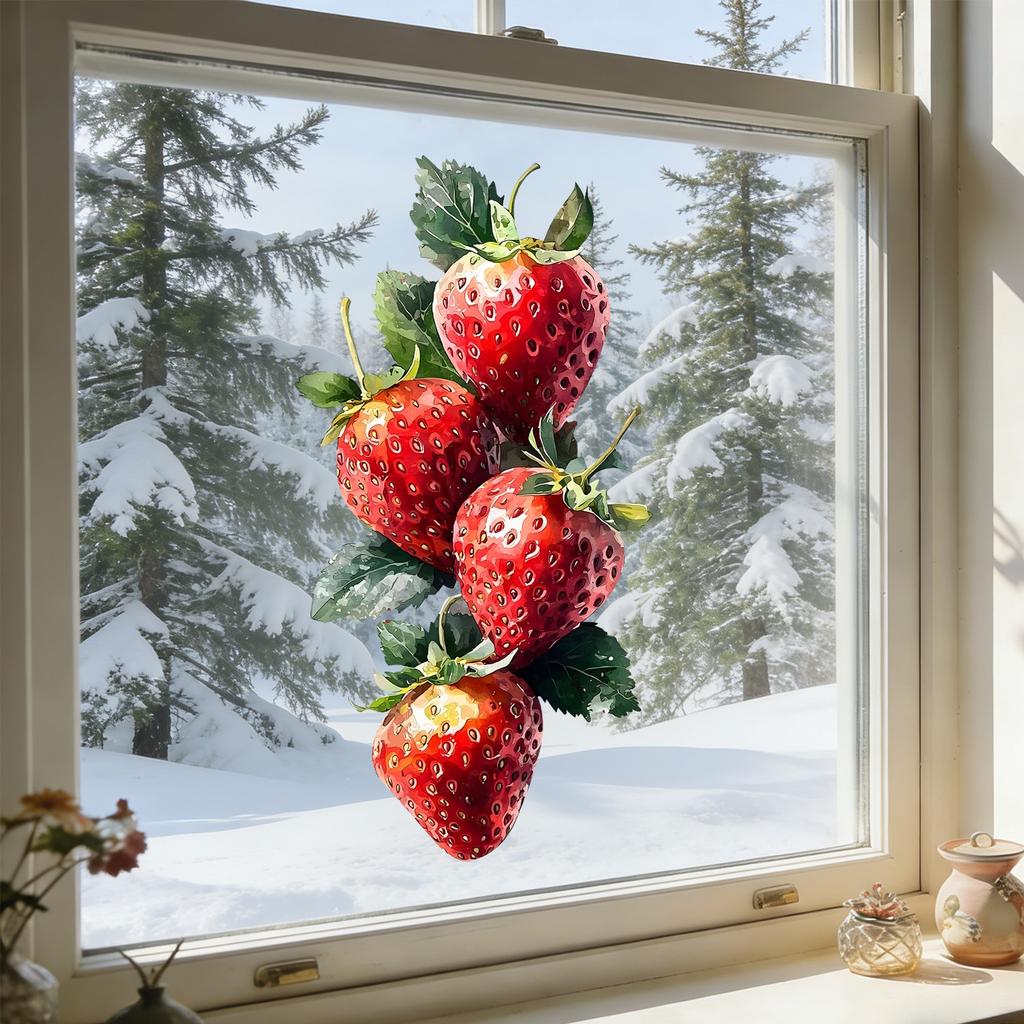 Watercolor Strawberry Static Cling Glass Sticker for Kitchen Living Room Bedroom Wall Decor