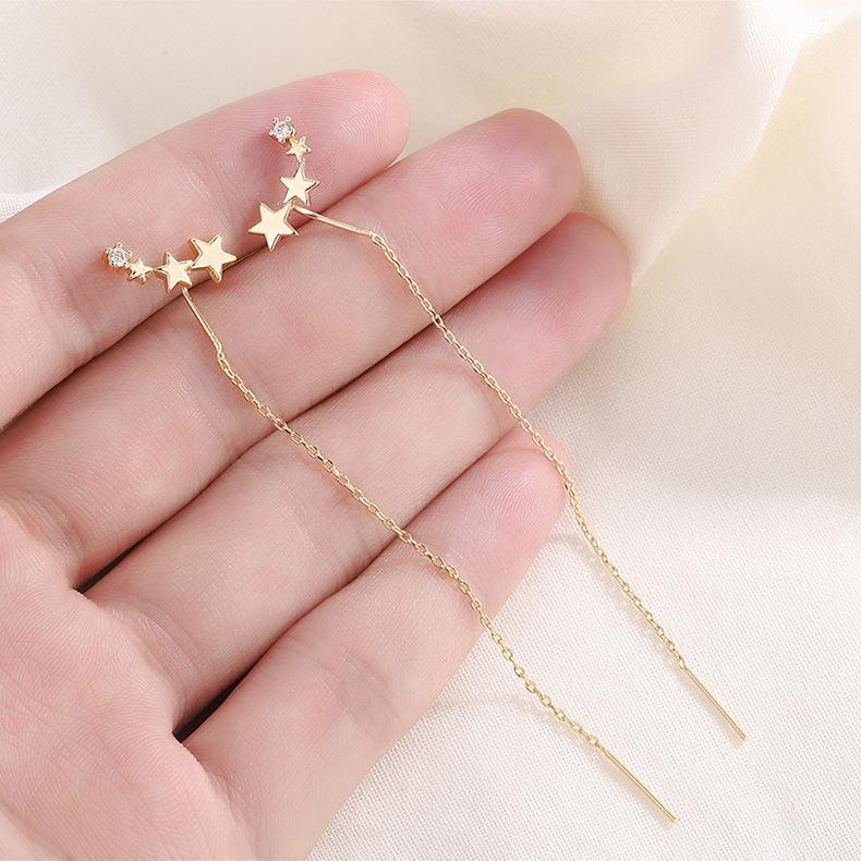 S925 Silver Gradient Zircon Five Pointed Star Long Tassel Earrings For Women Elegant Dangle Drop Ear Line Jewelry