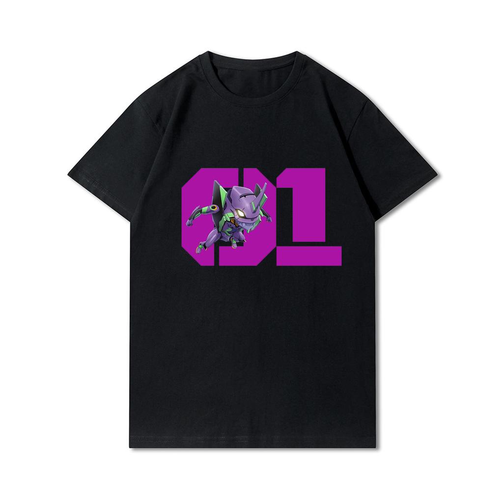T-shirt da uomo con stampa Evangelion in taglie forti, scollo tondo, in cotone, estive, casual, nere