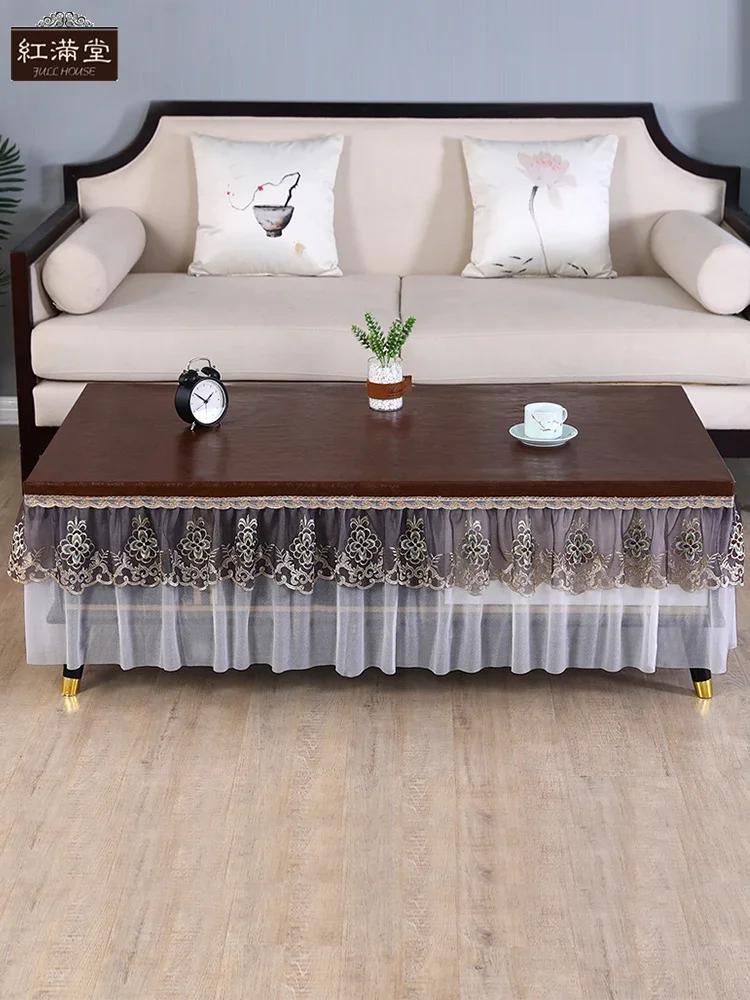 Waterproof Heat-resistant Table Cover Embroidered Lace Edge Leather Tablecloth Dining Table Chiffon Hem Oil Proof Dust Cover