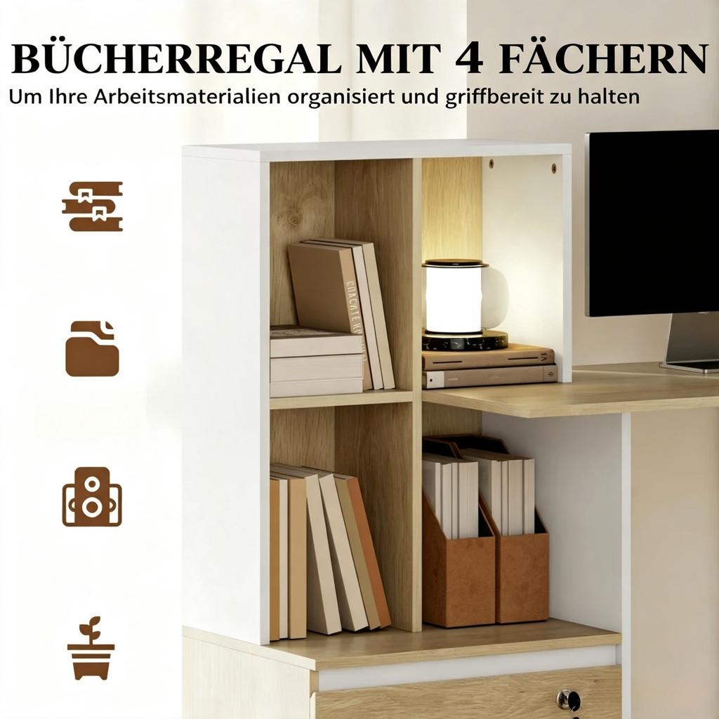 Computer Desk with Bookcase and 4 Compartments, Computer Table with Lockable Drawer for Home Office (only with Computer Table)