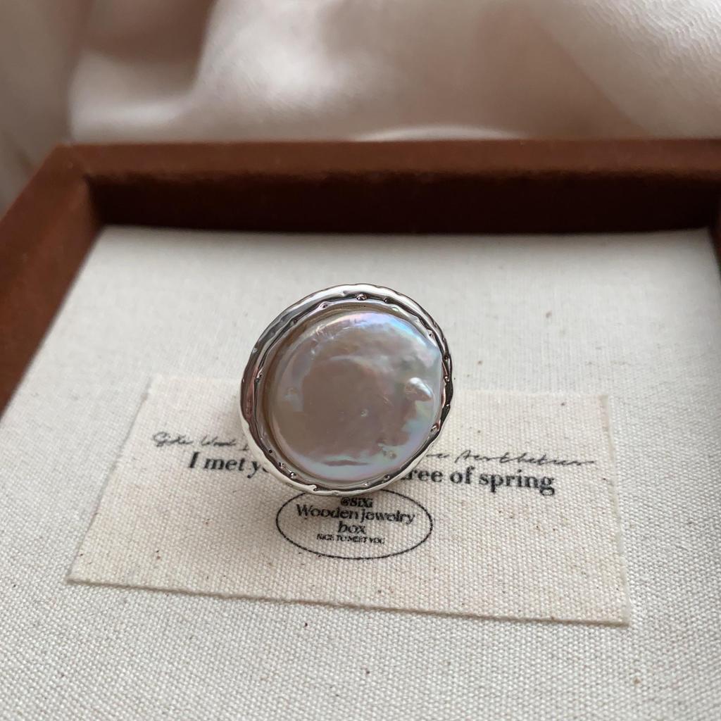 Bague Ovale Coréenne en Argent Plaqué Cuivre avec Nacre - Bague Ouverte Irrégulière Géométrique Rétro pour Femmes, Accessoire d'Index Style Hip-Hop