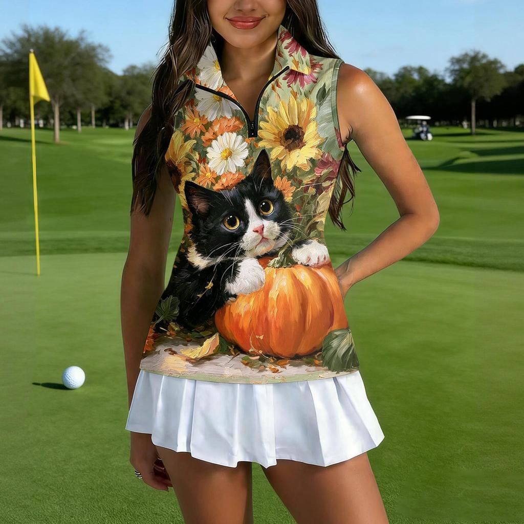 Women's Sleeveless Golf Shirt with Zipper Collar Halloween Print Sports Vest for Casual Wear