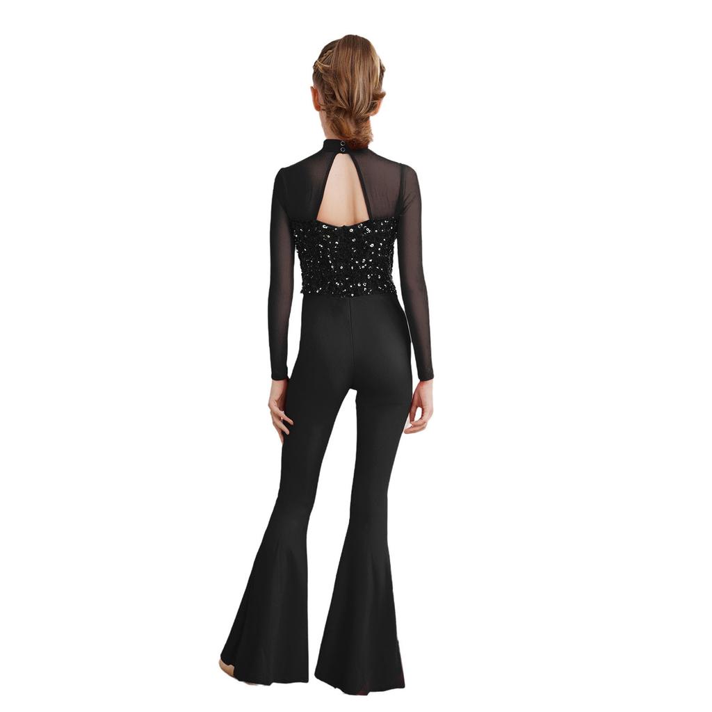 Girls Jazz Dance Costume Mock Neck Long Sleeve Cutout Back Sheer Mesh Sequins Bell Bottom Jumpsuit