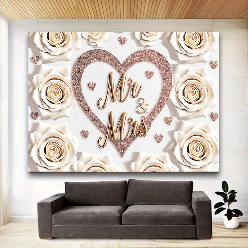 1pc Mr & Mrs Wedding Backdrop with Heart&White Roses,Party Banner for Weddings,Romantic Photo Background Decor,Wall Decor,Reusable Supplies