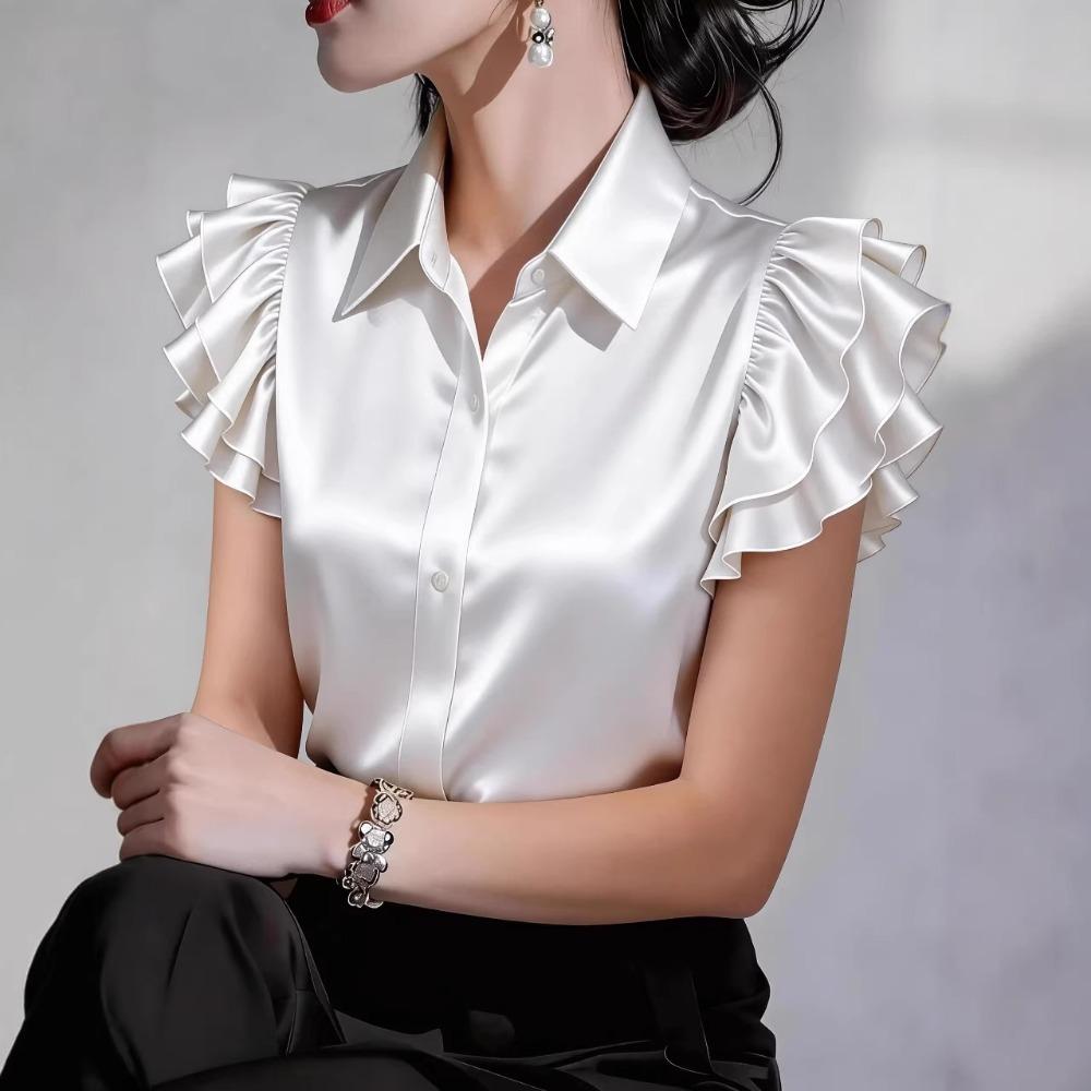 Summer new satin ruffle edge short-sleeved women's solid color casual shirt