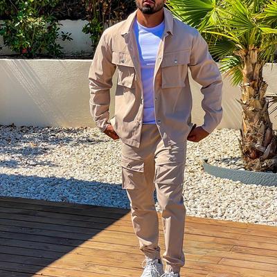 Streetwear Mens Two Piece Sets Autumn Trend Turn-down Collar Jackets and Pockets Pants Suits Men Fashion Slim Fit Outfits