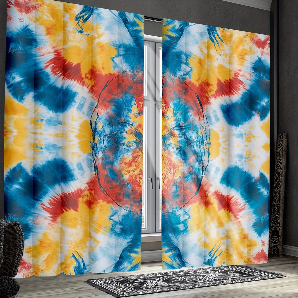 2pcs Vibrant Tie-Dye Blackout Curtains, Boho Hippie Spiral Art Design, Semi-Transparent Polyester - Colorful Red/Blue/Yellow Pat