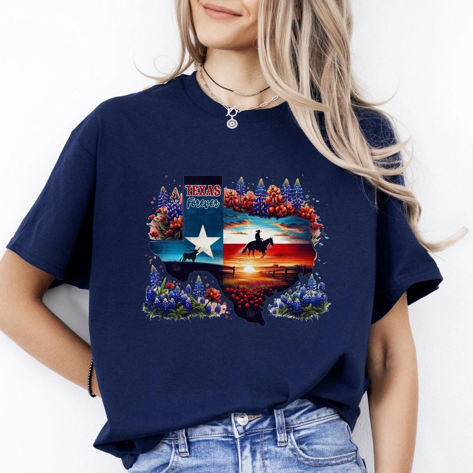 Texas Forever T-Shirt Texas state flag lupin flowers Unisex tee Black Navy Dark M