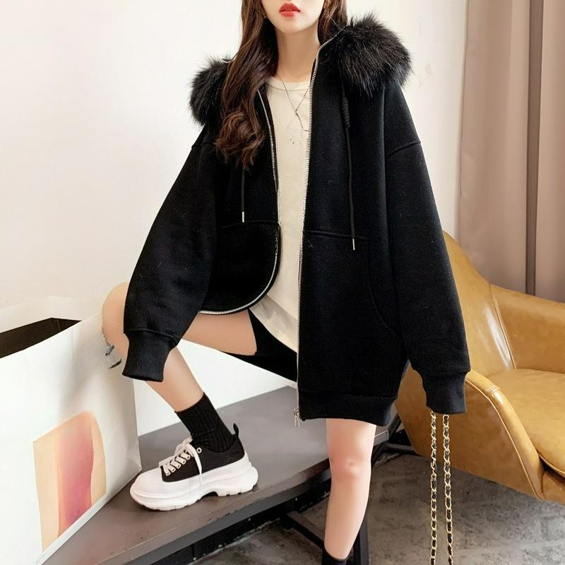 Plus Size Plus Velvet Thick Hooded Cardigan Sweater Loose Design Fur Collar Zipper Jacket Women