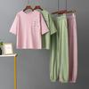 Women's Ice Silk Knitted Suits Summer O Neck Short Sleeve Long Pants Large Two Piece Set