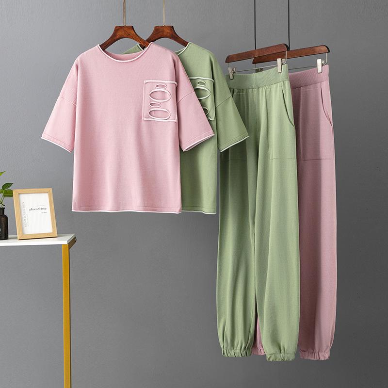 Women's Ice Silk Knitted Suits Summer O Neck Short Sleeve Long Pants Large Two Piece Set