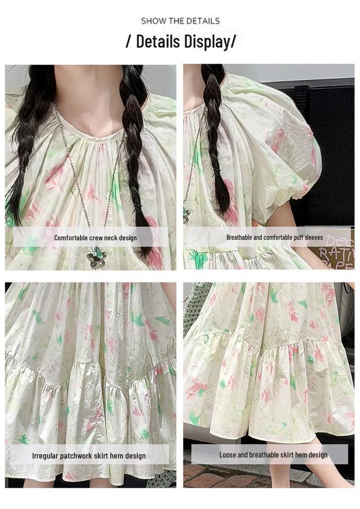 Girls' Stylish Puff Sleeve Floral Summer Dress - Princess Beach Holiday Style