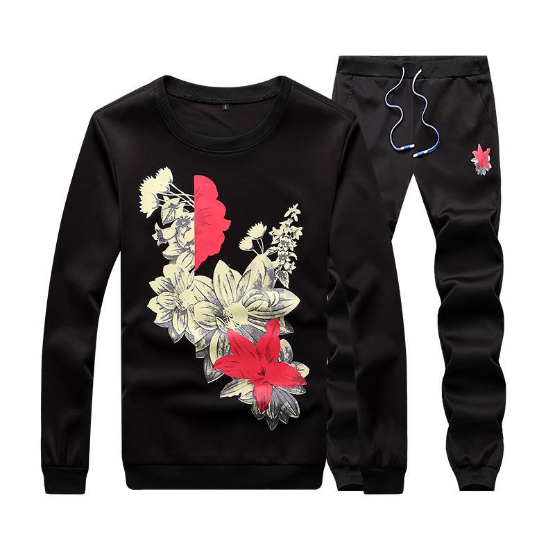 Autumn Men's Sportswear Set Pants Flower Printed Pullover Male Tracksuits