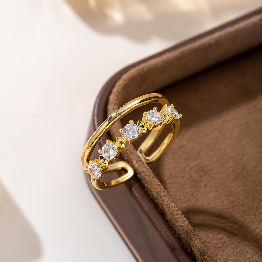 Ol Style Double Layer Gold Open Ring, Micro Paved Zircon Adjustable Stackable Minimalist Ring For Women