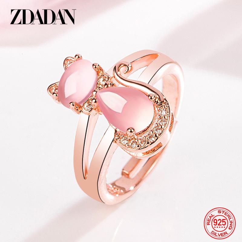 

ZDADAN 925 Silver Cat Crystal Adjustable Ring For Women Fashion Jewelry Accessories Gift resizable