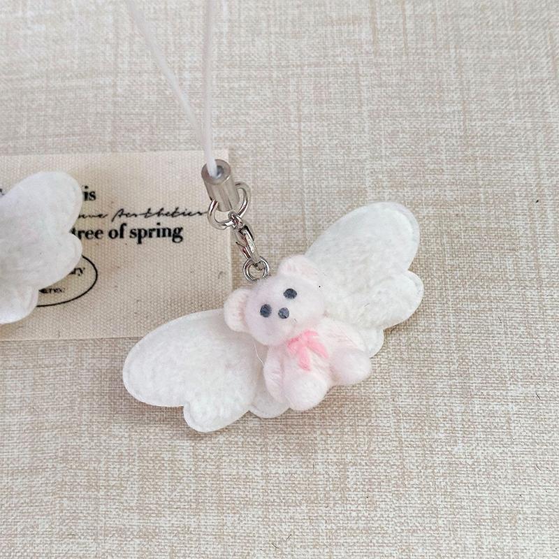 Cartoon Flocking Cat Pendant Keychain Y2K Butterfly Wings Key Ring For Women Girls Cute Camera Bag Pendant Decoration Gifts