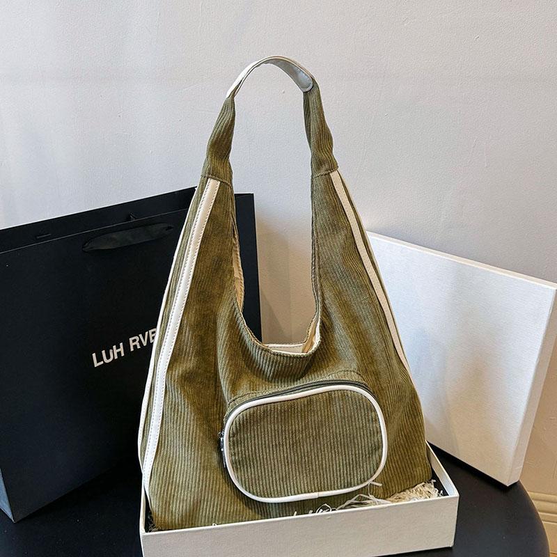 2026 High-end Design Multiple Pockets Bags Simple Commuting Shoulder Bags Corduroy Solid Color Zipper Large Capacity Casual Tote