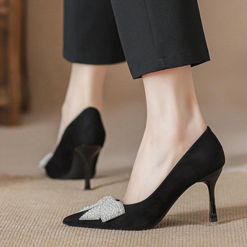 Shallow Mouth Black Single Shoes Women Pumps Pointed Toe High Heels Shiny Pearl Bowknot Rhinestone Stiletto Temperament Wedding