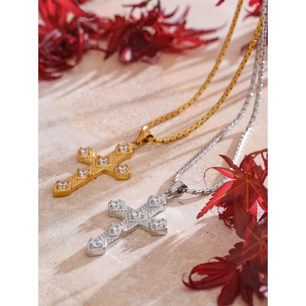 Yhpup Exquisite Shiny Cubic Zirconia Cross Classic Necklace Pendant for Women Stainless Steel Chain Temperament Jewelry Gift