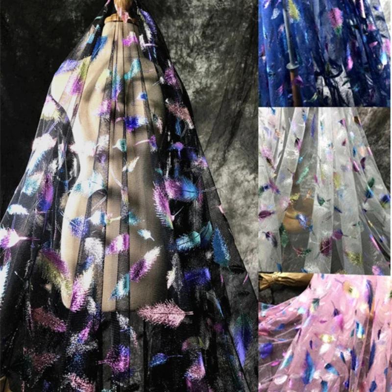 100x150cm Pióra pawiego pióra gorące siedem kolorów iluzja gradientowa siatka suknia ślubna Hanfu odzież tkanina projektant tkanin