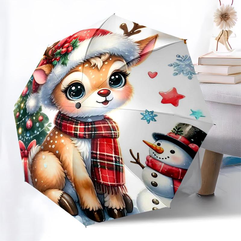 

1pc Christmas Deer Hat with Holly Berries, Auto Open Close Umbrella, Portable 3-Fold Design, 8-Bone Iron Frame Outdoor Umbrella, Festive Gift for Fans