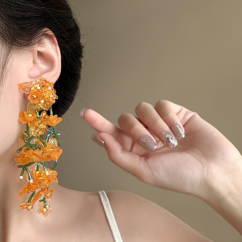 Yellow acrylic glass beads flower fringed earrings fashionable fresh studs sweet versatile earrings