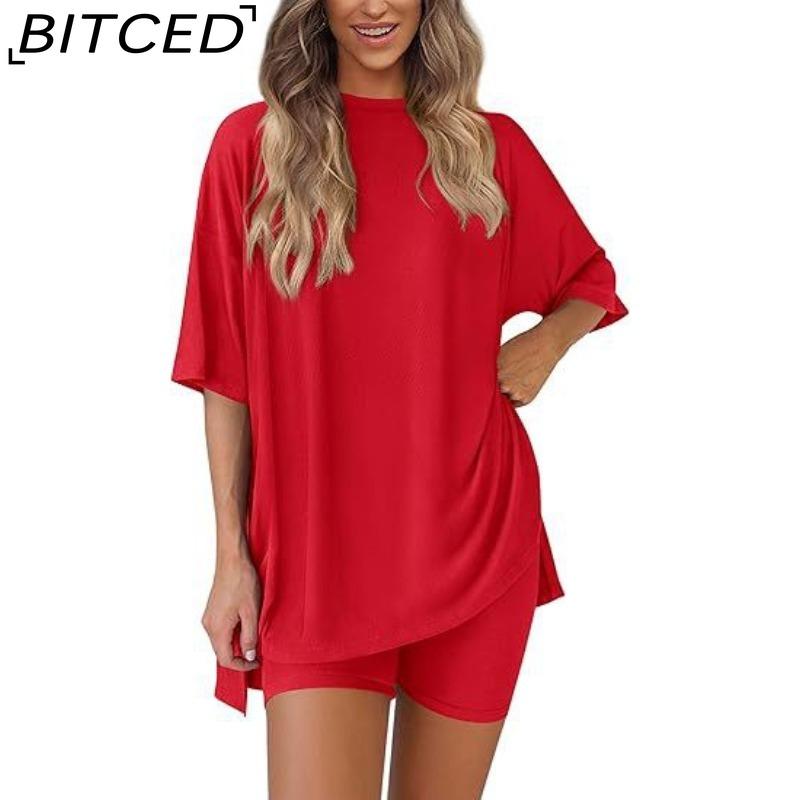 BITCED Women's Spring/Summer Loose-Fit Fashion Solid-Colour Casual Short-Sleeved Top and Shorts Two-Piece Set