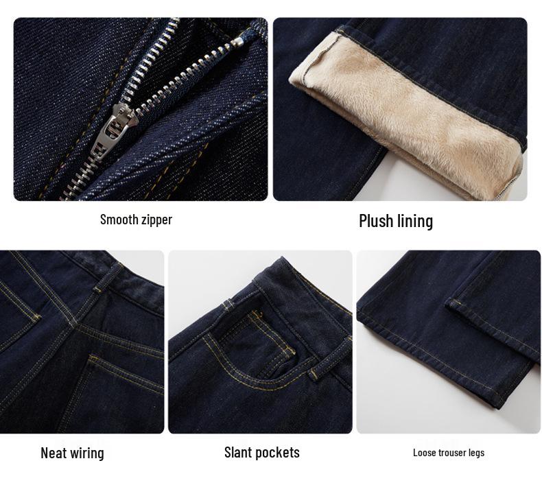 Women's Retro Dark Blue High-Waisted Fleece-Lined Wide-Leg Jeans for Autumn/Winter