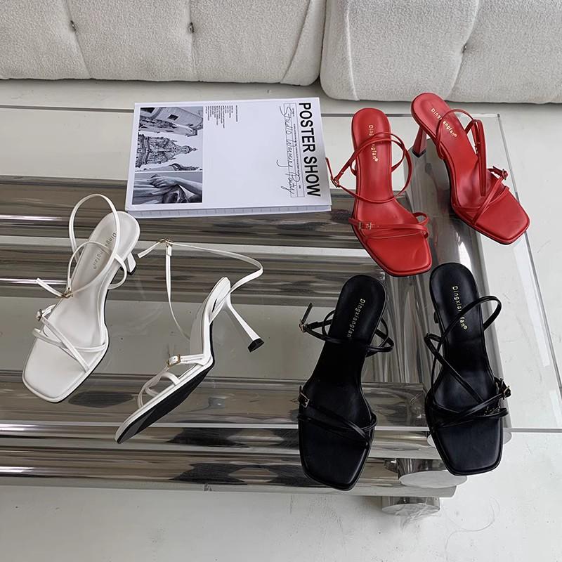 2025 spring and autumn new fashion thin strap square head sandals European and American style fine heel high heel buckle open-toed women's shoes