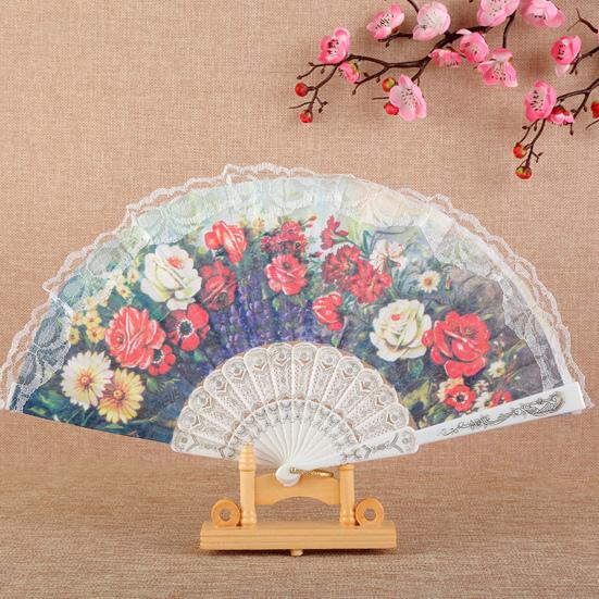 Leque Dobrável Leve Portátil Leque Vintage Elegante Renda Floral Padrão Leque de Mão Casamento Festa Acessório