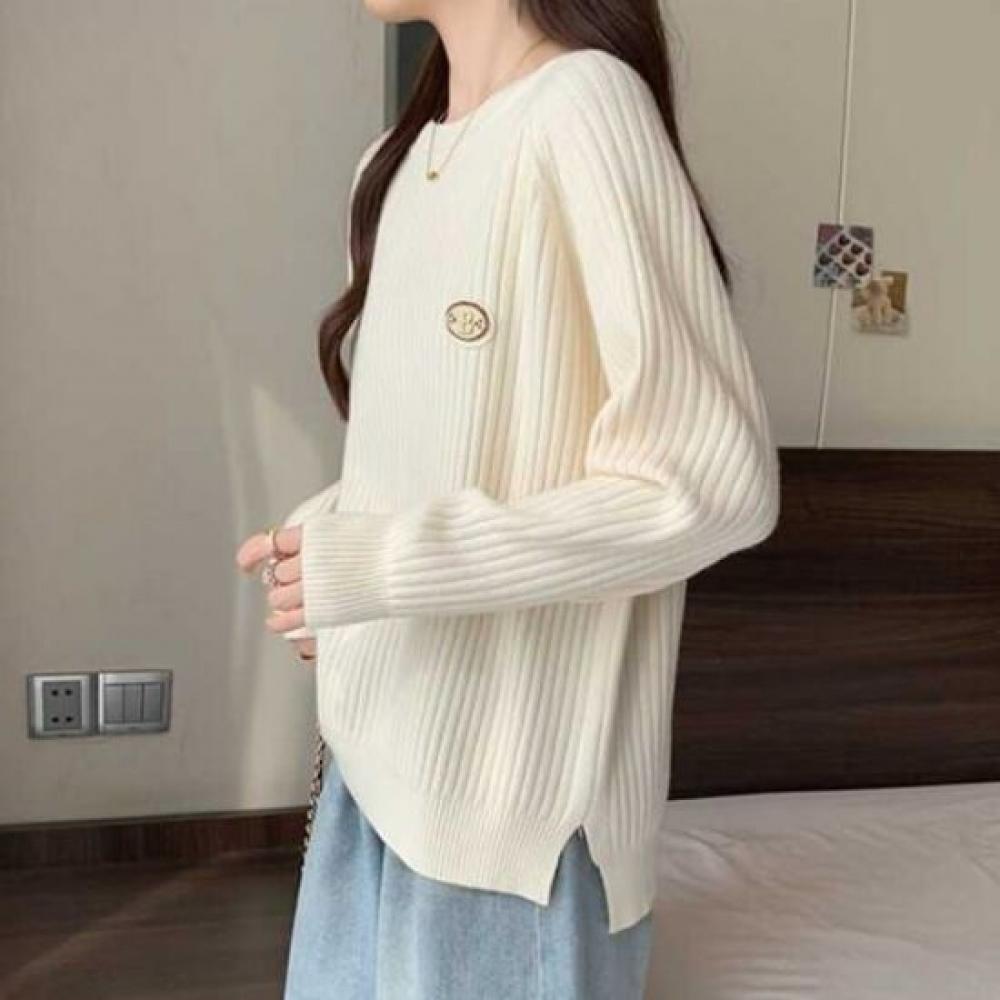 Navava Casual Solid Ribbed Round Neck Long Sleeve Knit Top Nk2421