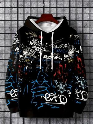Modaya Uygun Erkek Sonbahar Kişiselleştirilmiş Harf Graffiti Baskılı Yumuşak ve Rahat Kapüşonlu Sweatshirt Dış Mekan Kentsel Yüksek Cadde To