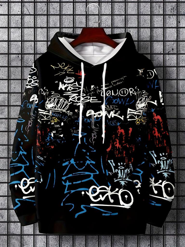 Felpa con cappuccio alla moda da uomo per l'autunno, stampa personalizzata con lettere e graffiti, morbida e confortevole, per esterni, urbana, high street