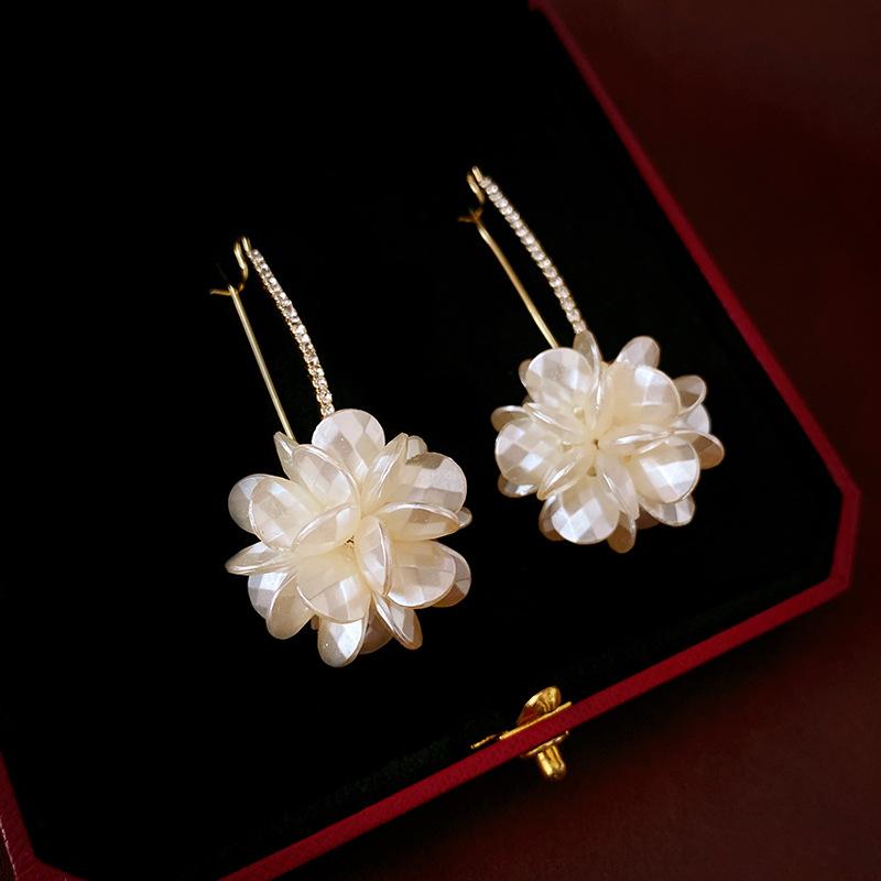 Sweet Acrylic Flower Diamond Long Ear Hook Earrings Niche French Premium Petal Earrings 