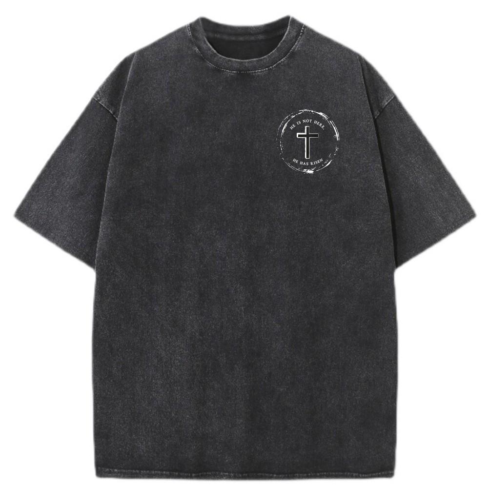 Mens Vintage Oversized Washed TShirt Cotton He Is Risen Easter Faith Tee