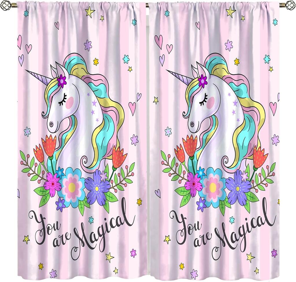 Purple Unicorn Curtains Girls Fantasy Mystery Fairytale Clouds Stars Magic Unicorns Window Drapes Kids Nursery Made Of Polyester